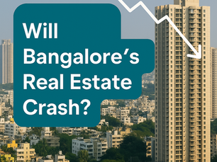 A digital graphic showing Bangalore city skyline with a bold question: “Will Bangalore’s Real Estate Crash?” suggesting market uncertainty.
