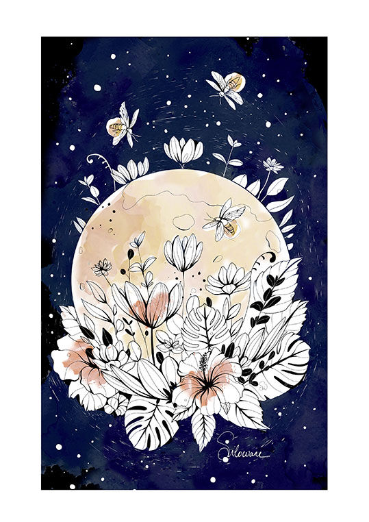 Miniature : illustration lune florale aquarelle