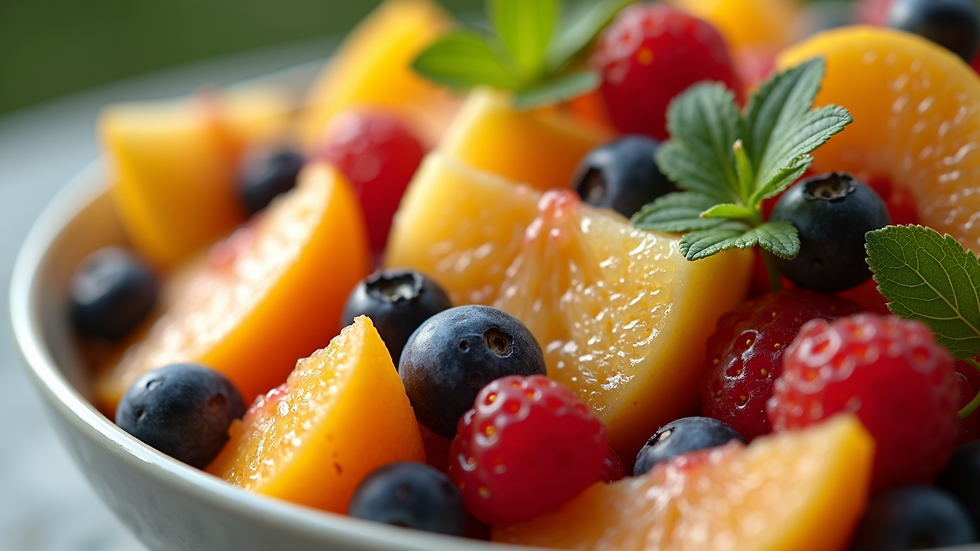 Close-up view of a colorful summer fruit salad