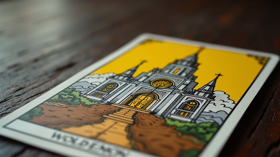 Close-up view of a beautifully illustrated Mormon tarot card featuring a temple