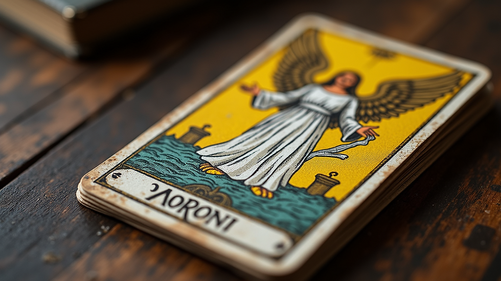 Close-up view of a beautifully designed tarot card featuring the Angel Moroni