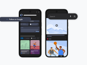 Phone illustrations displaying google display and youtube search bars with pop outs showing 'Follow on Google' text