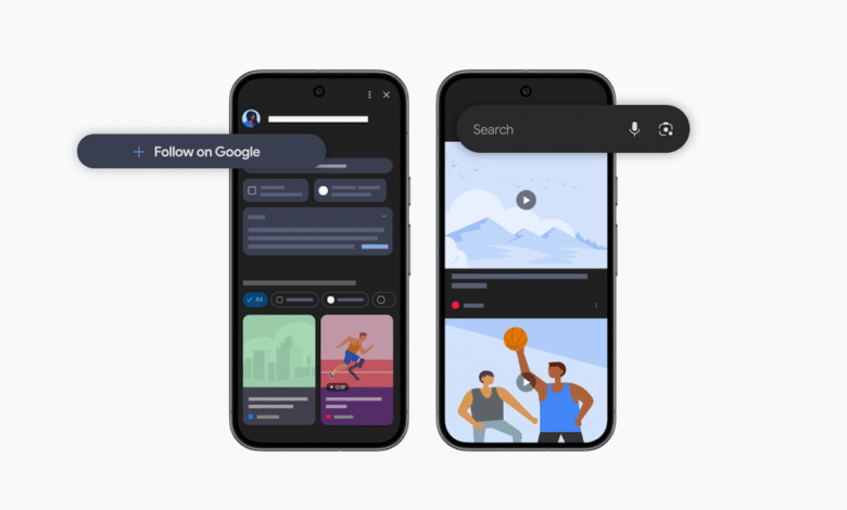 Phone illustrations displaying google display and youtube search bars with pop outs showing 'Follow on Google' text