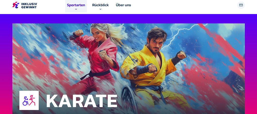 "Inklusiv Gewinnt": Screenshot der Menü-Seite "Karate" mit KI-generierten Bildern, die nicht der Kennzeichnungs-Pflicht unterliegen