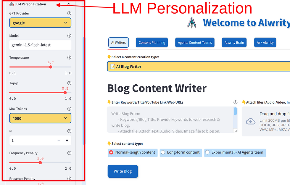 LLM configuration options with ALwrity