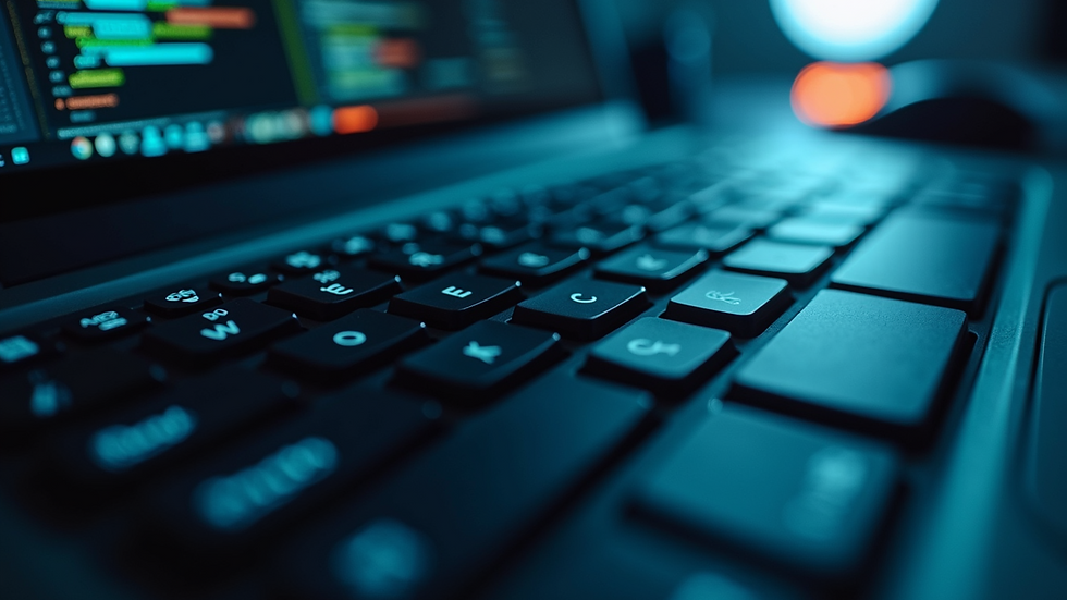 Close-up view of a keyboard with SEO keywords highlighted on a screen