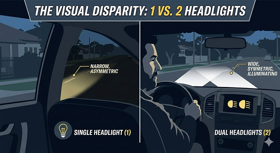 Split image comparing single vs. dual car headlights at night. Left: Narrow, asymmetric light. Right: Wide, symmetric illumination.