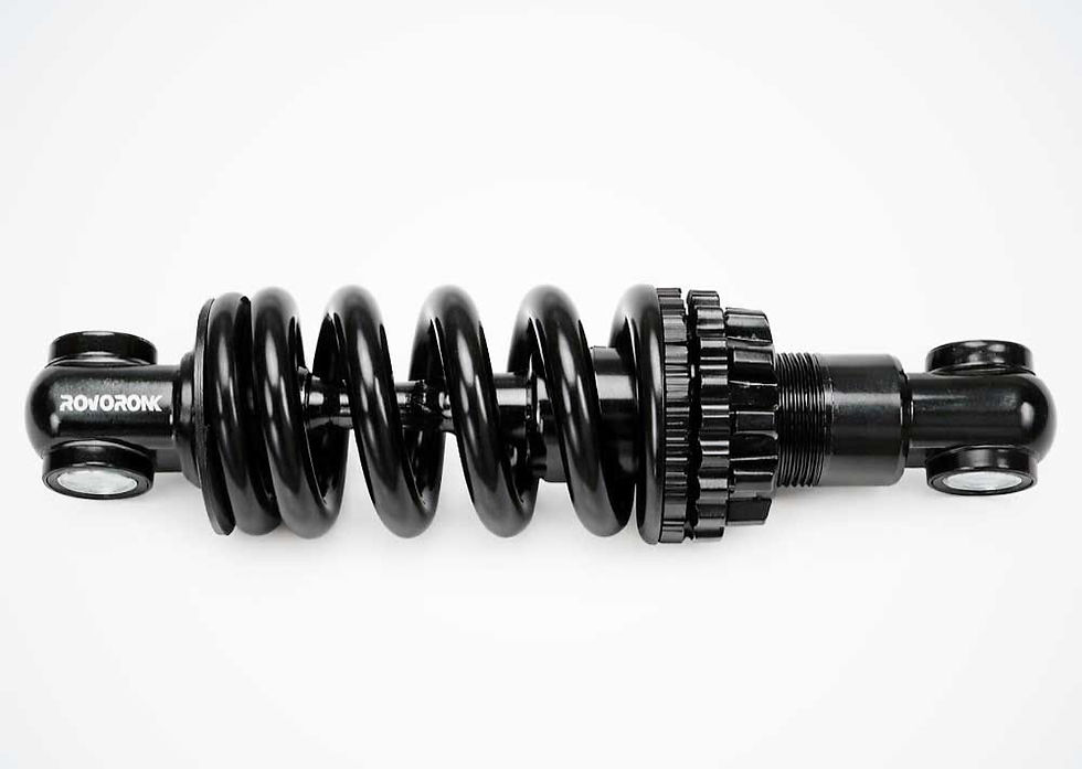 Black metal bike suspension coil with "Rovorok" text on a white background, showcasing intricate gears and threads.