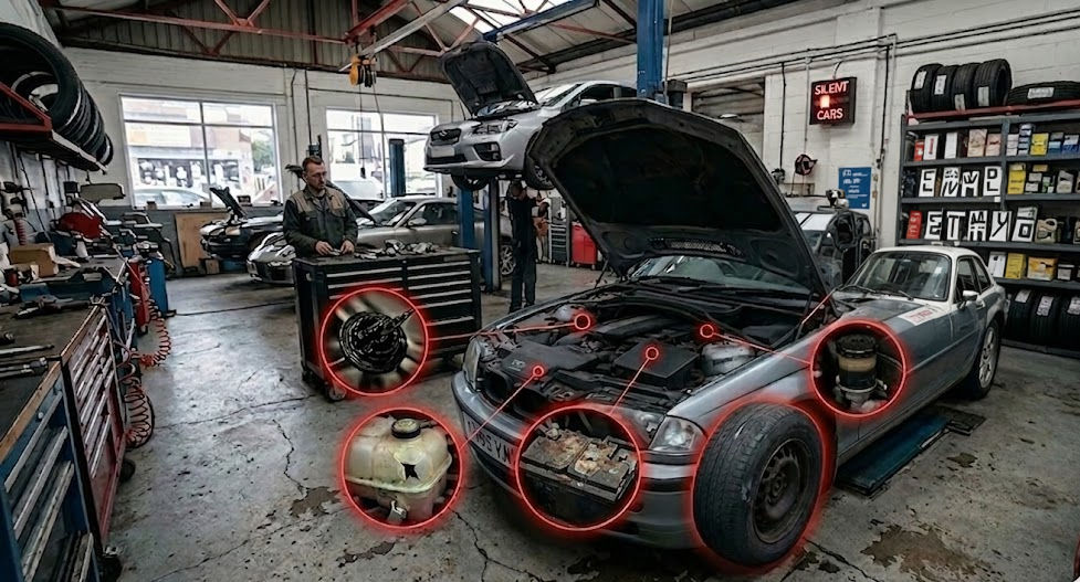 Mechanic in a garage examines a car with its hood open. Parts highlighted in red circles. Shelves with tools and tires in the background.