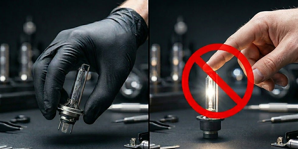 Gloved hand holds bulb; bare hand attempts to touch similar bulb, crossed out by a red circle. Dark background with tools scattered.