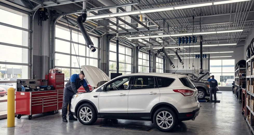 Mechanics work on vehicles in a well-lit garage. A white SUV has its hood open. Red toolboxes and visible ducting add detail.