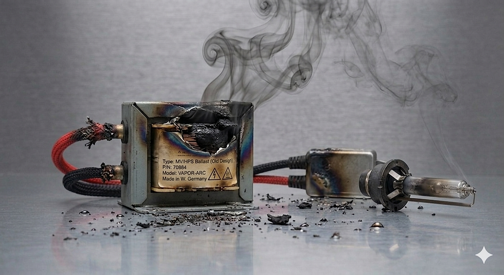 Burned ballast with frayed red and black wires emitting smoke. Charred debris on metallic surface. Text indicates old MV/HPS model.