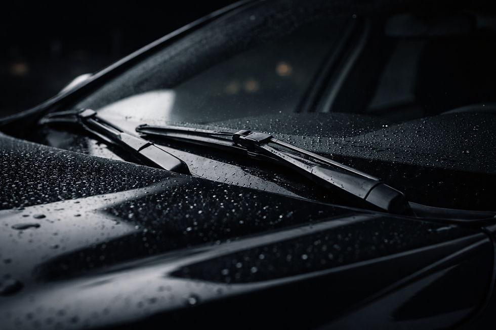 Close-up of a car windshield with raindrops, dark setting. Wipers are still, creating a moody and reflective atmosphere.