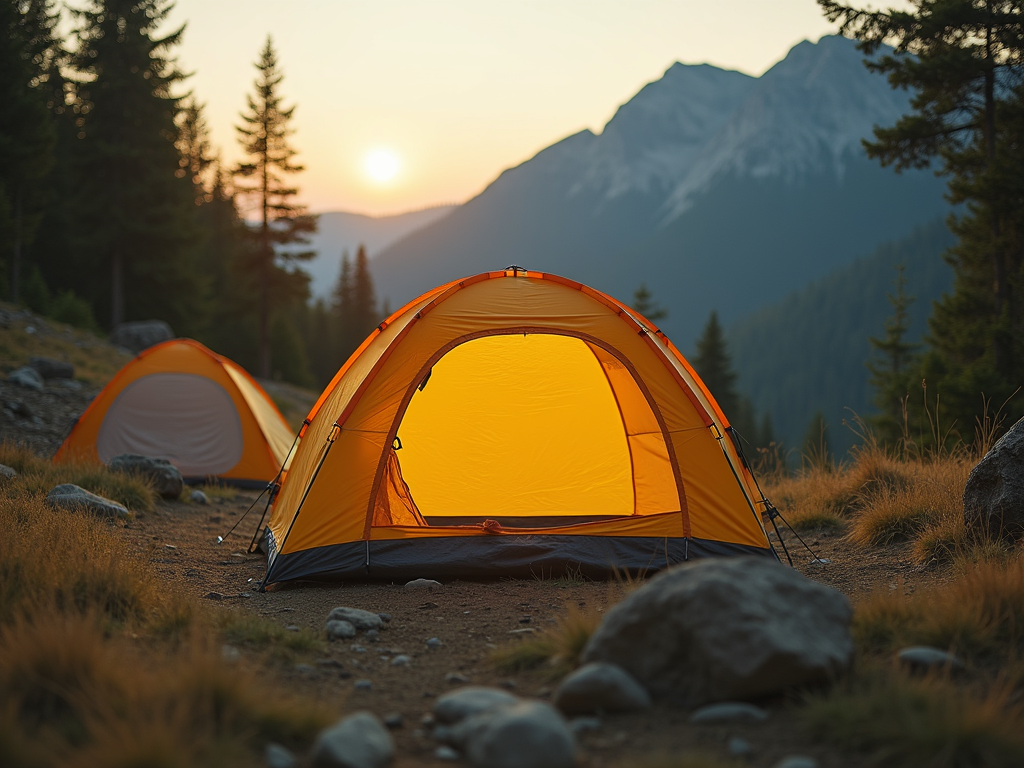 Family camping tent set up in the woods on a bright summer day
