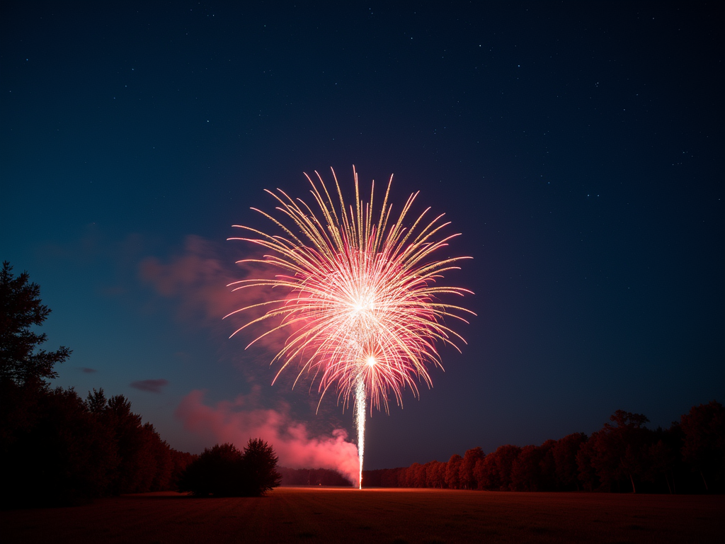Vibrant patriotic fireworks exploding in the night sky with festive stars