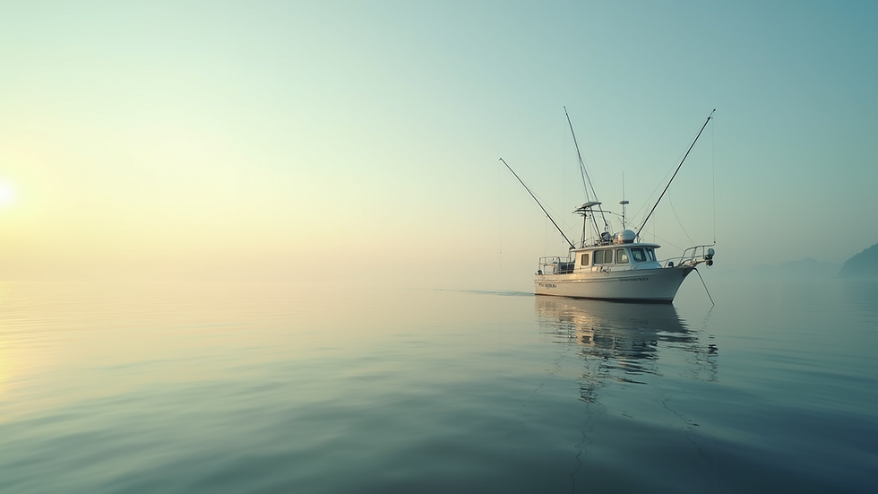 Eye-level view of a fishing boat on calm waters