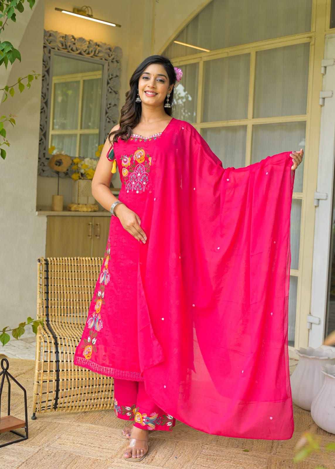 Anvi Embroidered Sleeveless Pink Salwar Suit Set With Dupatta