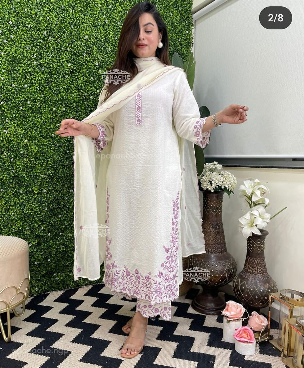 Thumbnail: Survi Beautiful Embroidered White Salwar Suit Set With Dupatta.