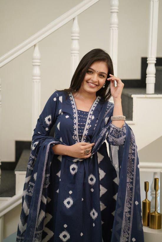 Thumbnail: Niya Navy Blue Printed Cotton Salwar Suit