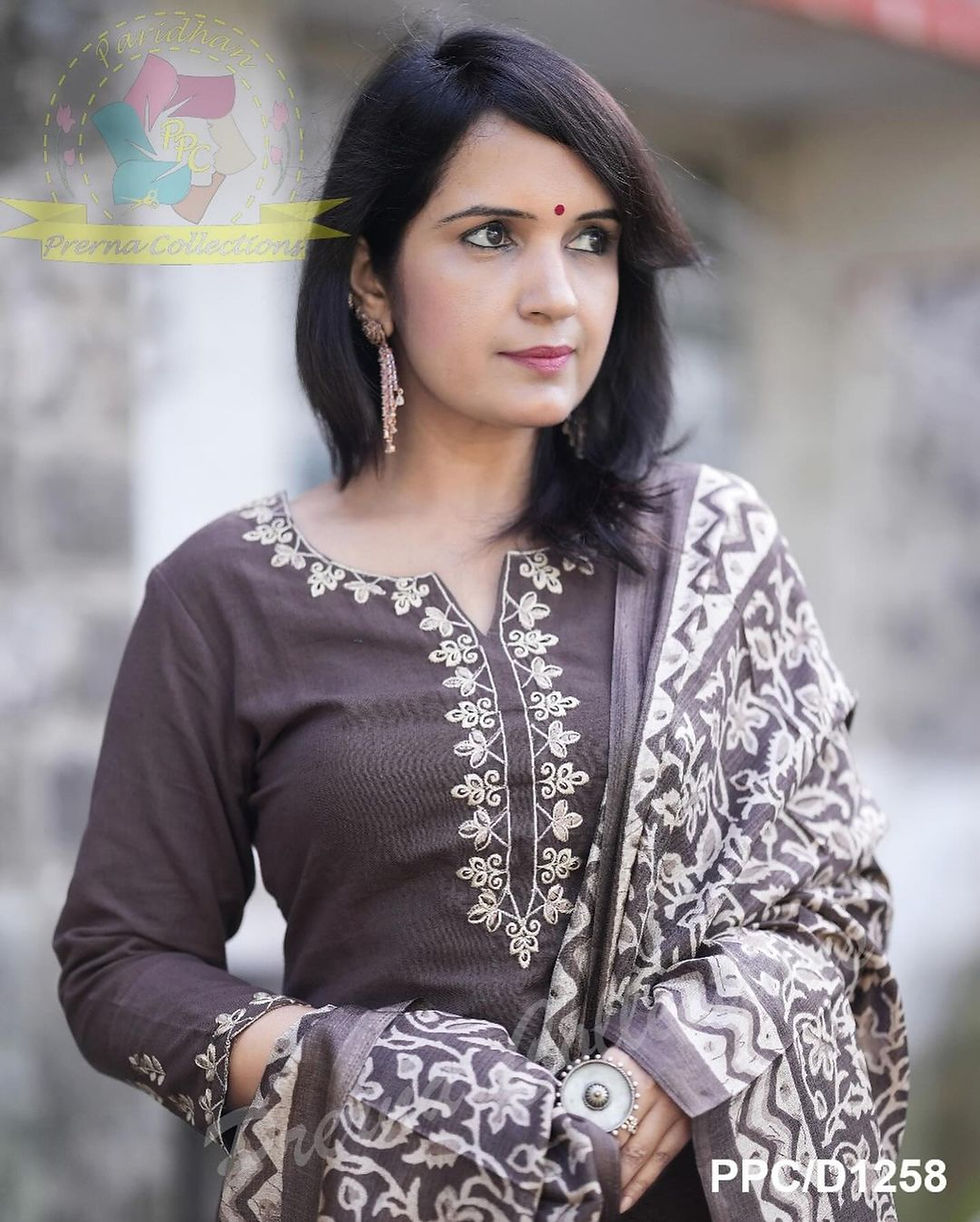 Thumbnail: Kiara Deep Brown Floral Embroidered Kurta Set WithDupatta