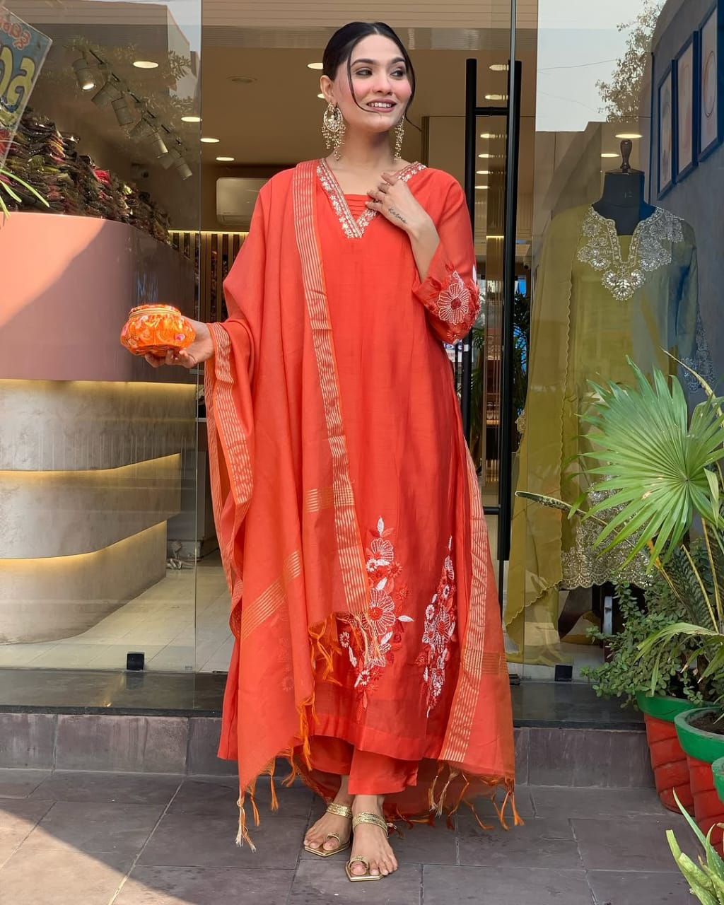 Aaradhya Vermilion Embroidered Cotton Kurta Set