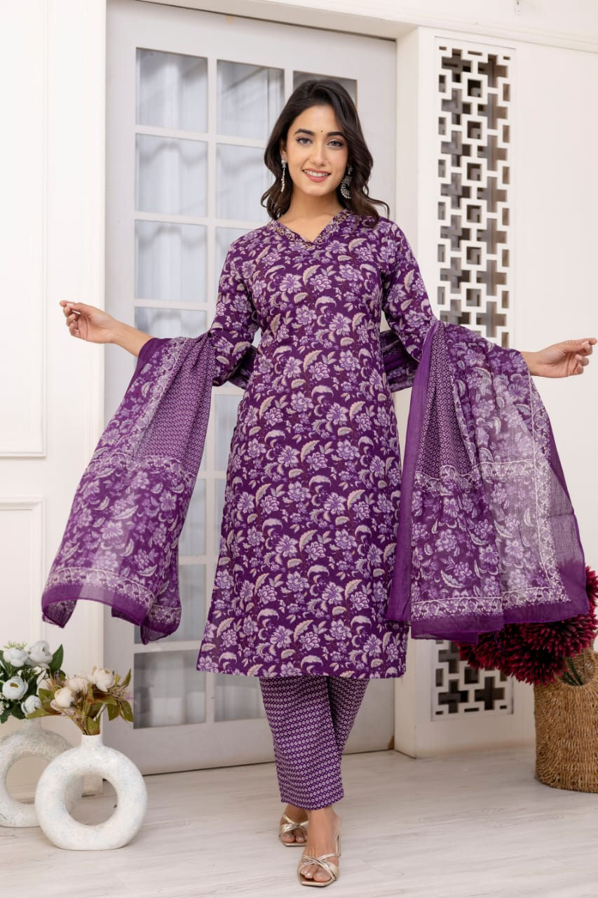 Thumbnail: Anushka Plum Printed Kurta Set with Dupatta