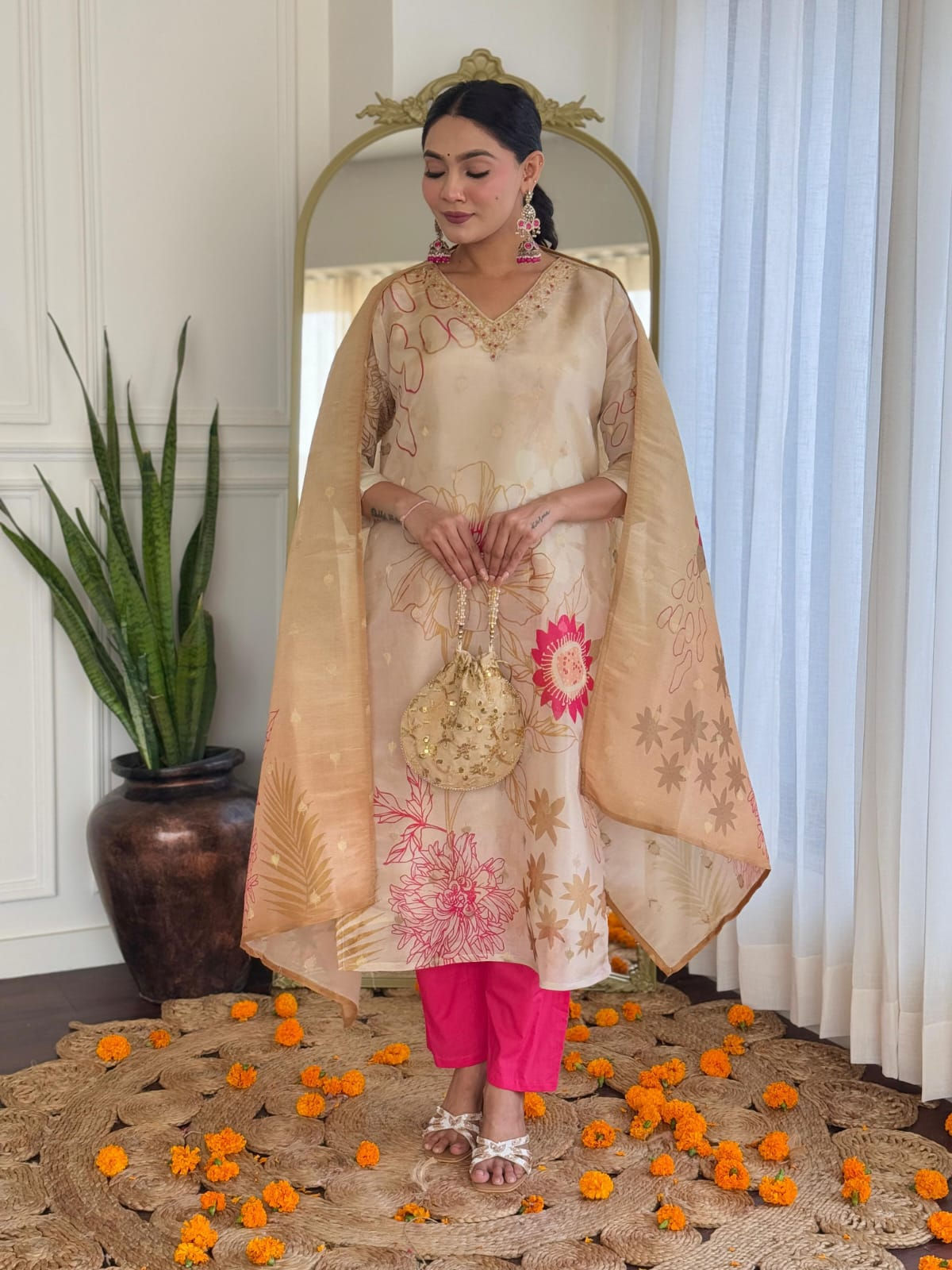 Falguni Gold Premium Salwar Suit Set With Dupatta