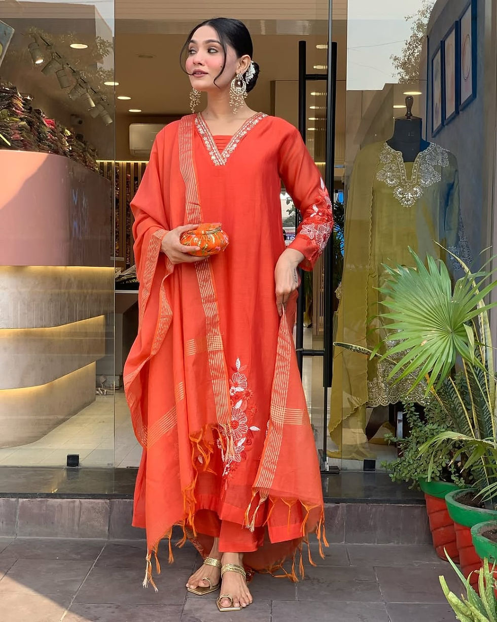 Thumbnail: Aaradhya Vermilion Embroidered Cotton Kurta Set