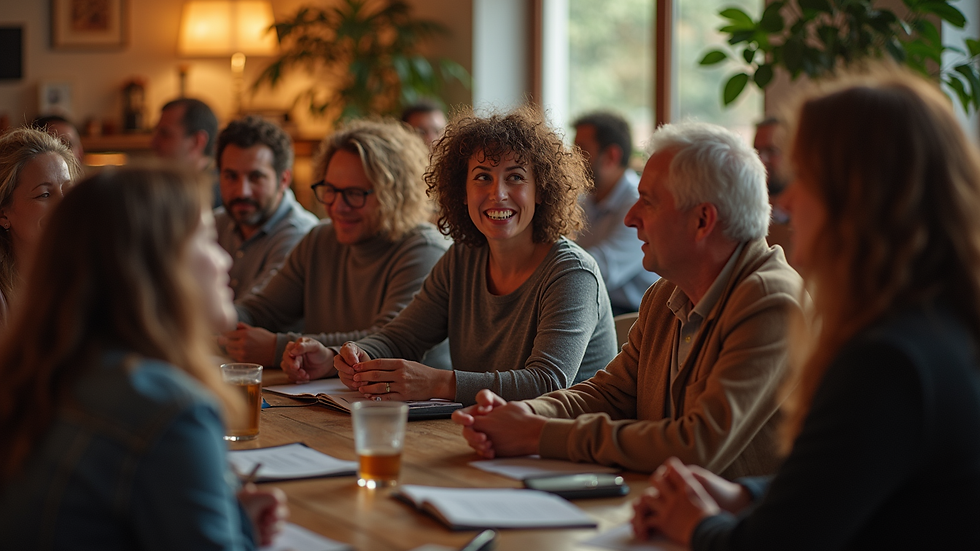Eye-level view of a community gathering with people sharing stories