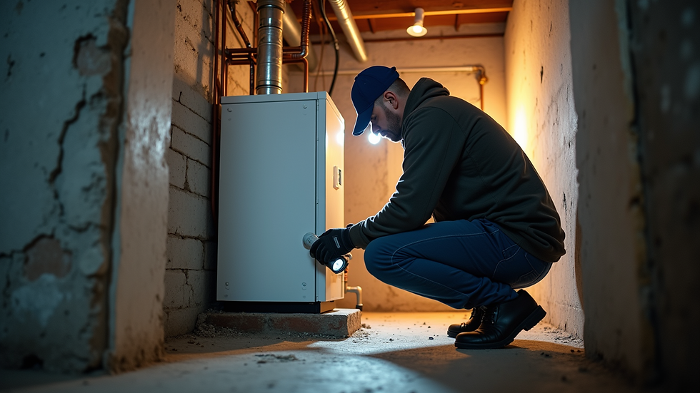 Eye-level view of a technician inspecting a boiler in a residential basement