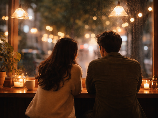 A couple sitting side by side in a cozy café at night, viewed from behind, looking out at city lights through a rain-covered window — reflecting modern dating and attachment dynamics.