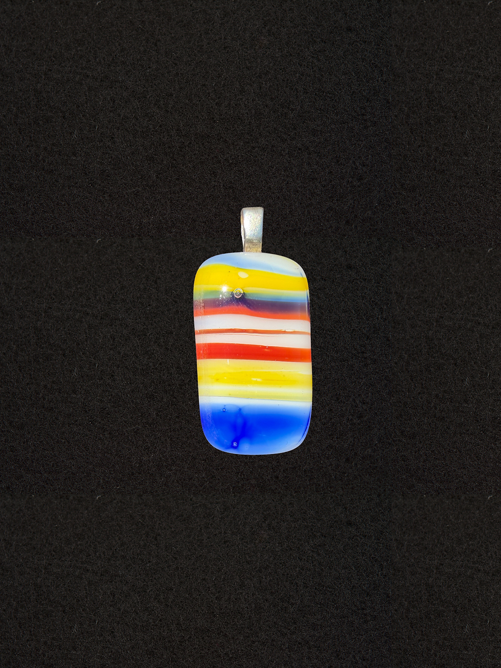 Horizon Stripe glass necklace, rectangular pendant with wide yellow and red bands over a deep blue base