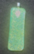 Gold-green dichroic glass necklace, textured pendant with pink accent