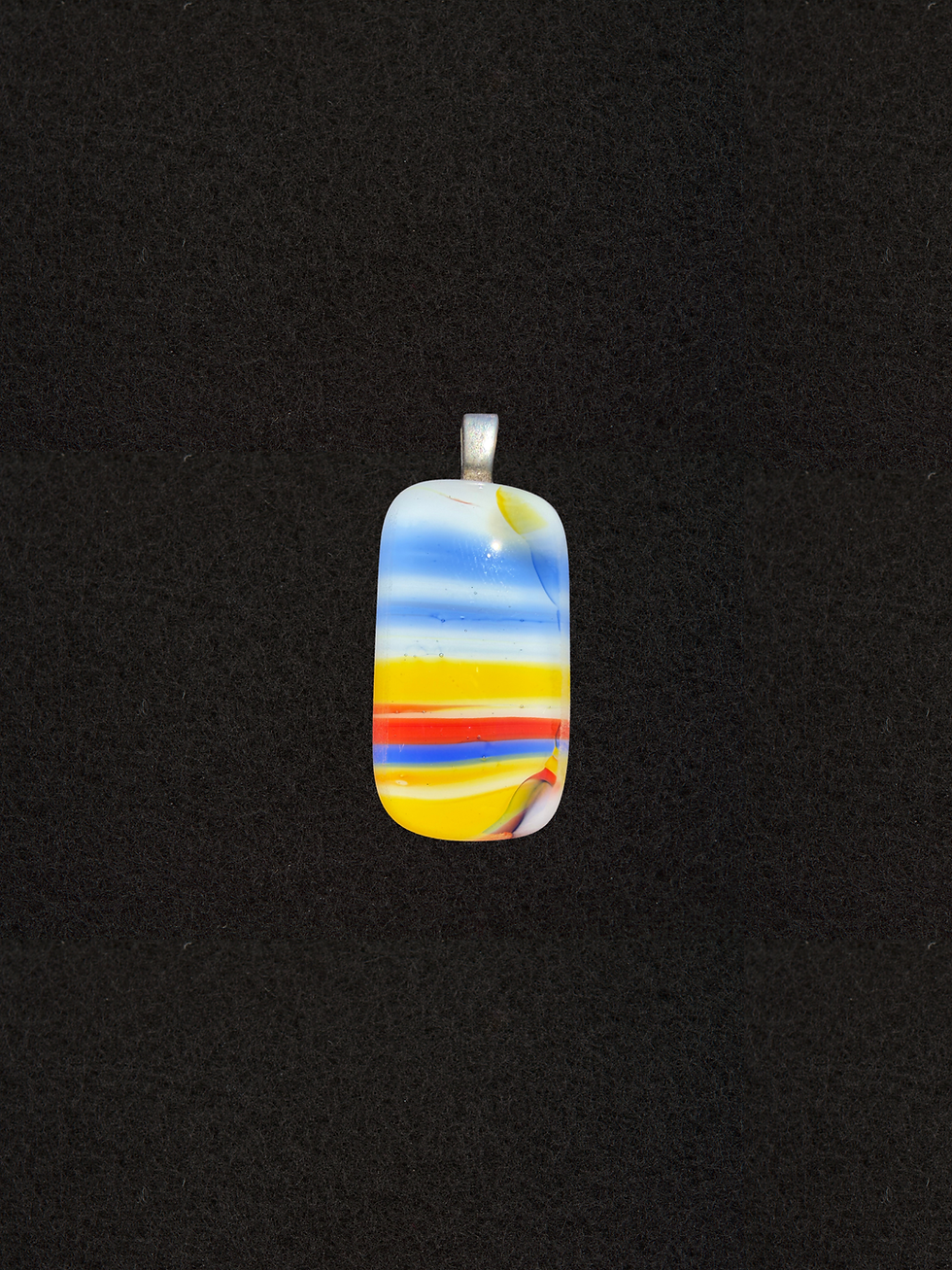 Layered Sky Stripe glass necklace, doubled bands of blue, yellow, and orange with a swirl accent in the corner