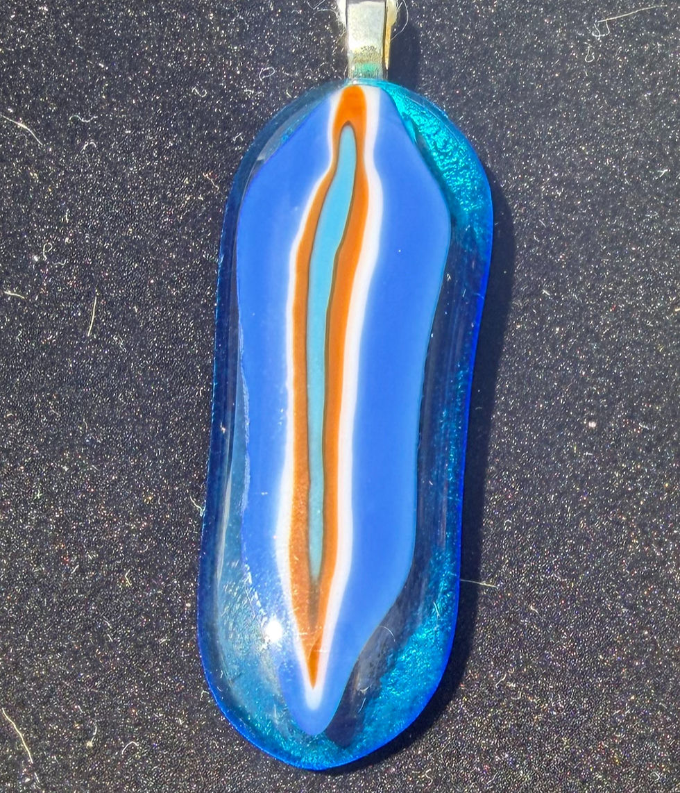 Blue Feather glass necklace, full view showing orange center stripe