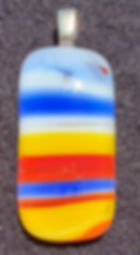 Rectangular white, blue, yellow, and red striped glass pendant, silver bail, handmade glass jewelry