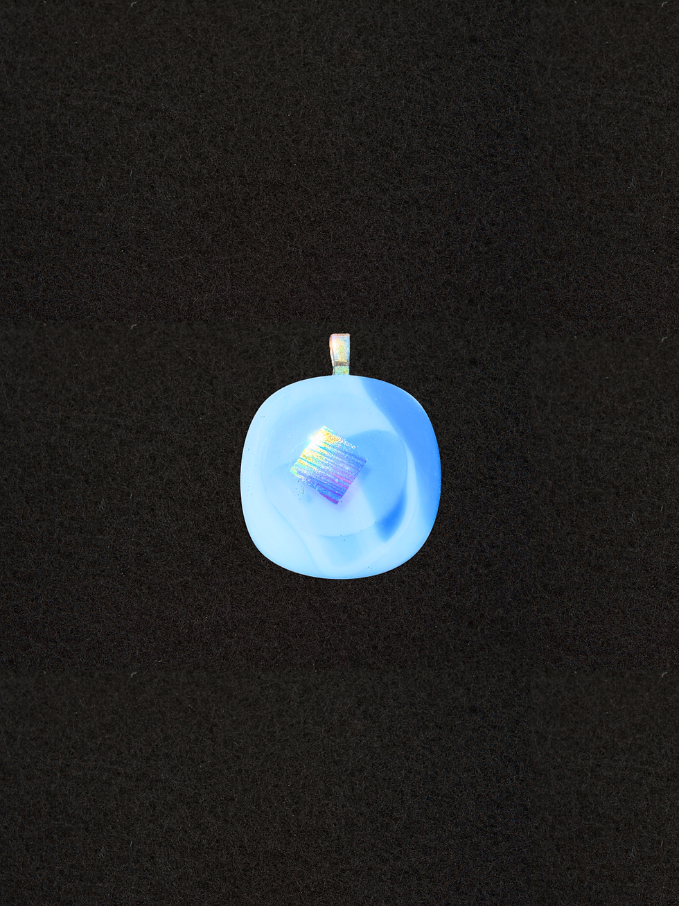 Blue Mosaic pendant necklace, rounded square shape with a small iridescent diamond accent centered on soft blue glass