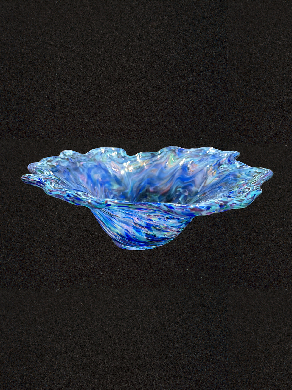 Cobalt Ruffle hand-blown glass bowl, ruffled rim swirled with blue, pink, and iridescent shimmer