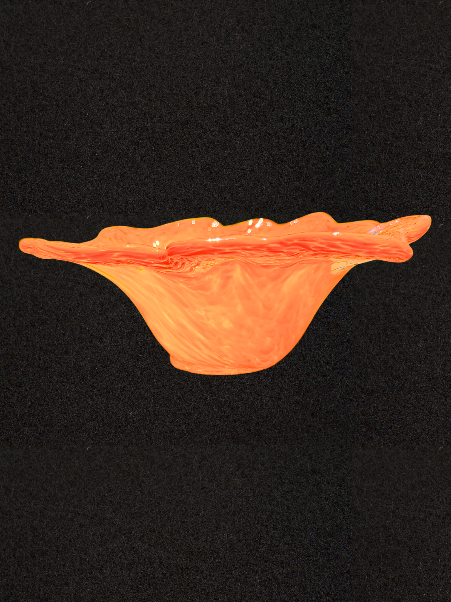 Sunset Crackle hand-blown glass bowl, wide-winged rim swirled in fiery orange and red tones