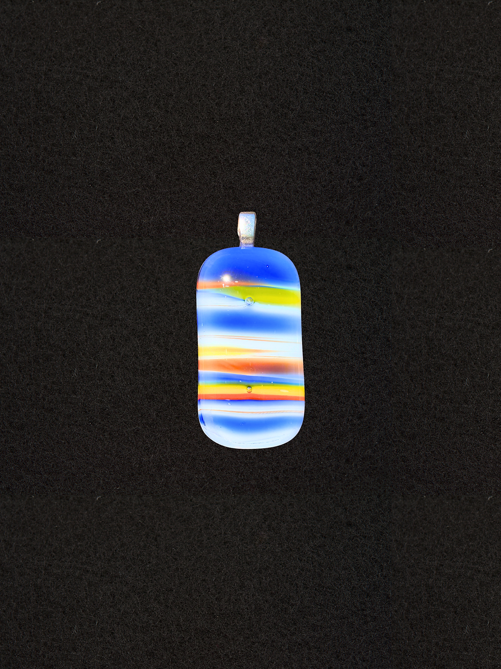 Coastal Stripe glass necklace, tall arched pendant with repeating blue, gold, and orange horizontal layers