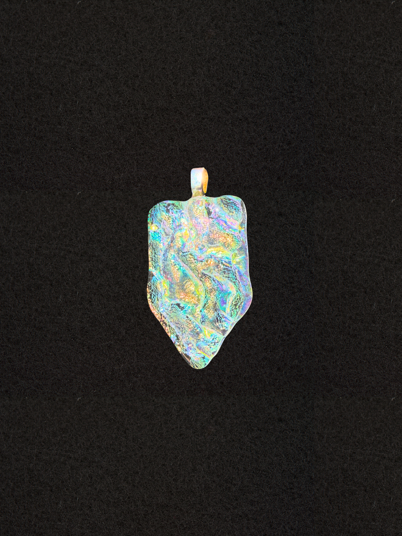 Shield-shaped Iridescent Freeform pendant necklace, rainbow dichroic texture in gold, blue, and pink