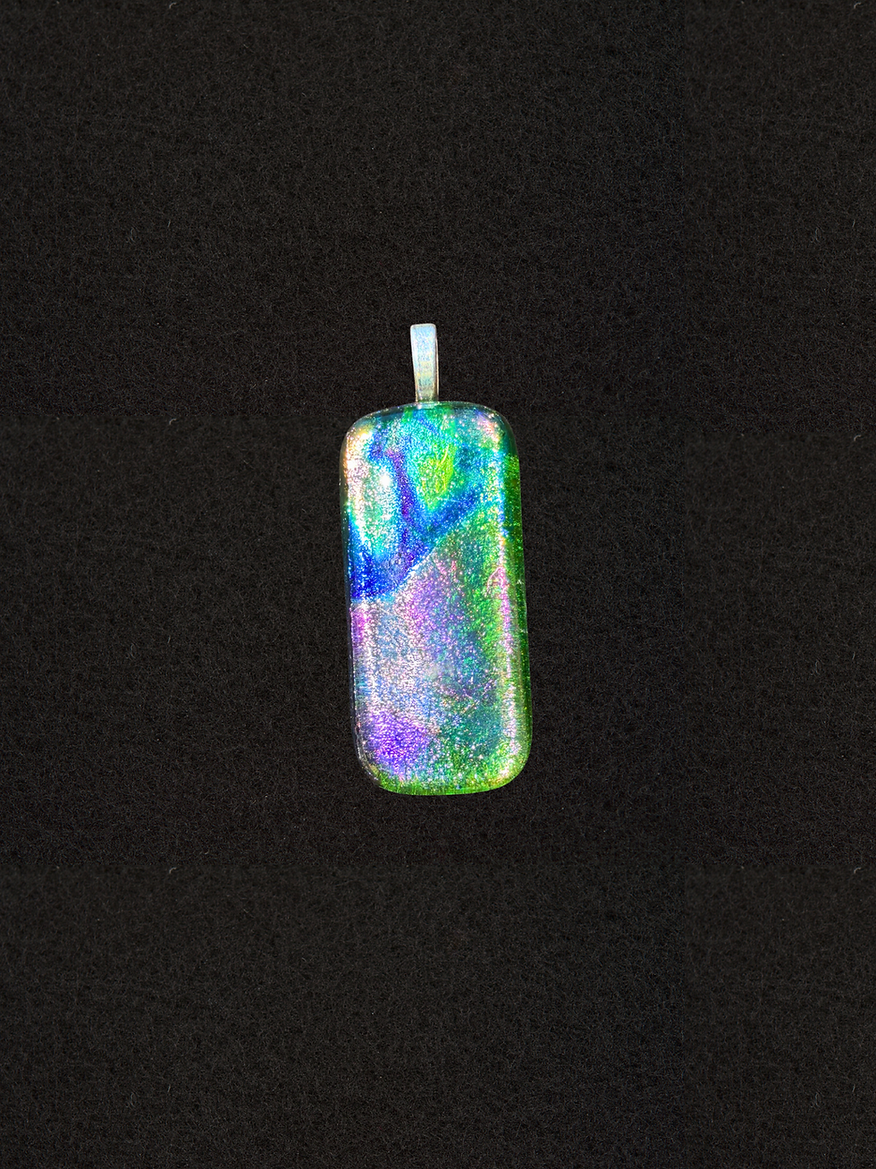 Rectangular dichroic pendant necklace in multicolor sparkle — blue, green, and purple tones shifting across the surface