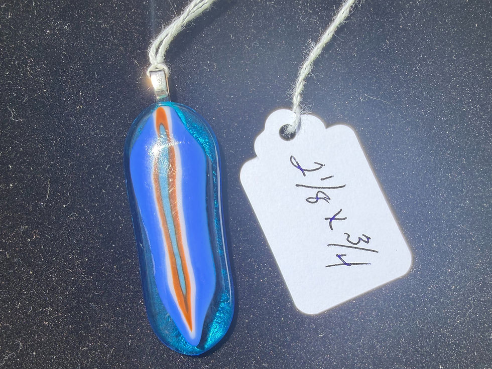 Thumbnail: Blue Feather dichroic glass pendant necklace with size tag, 2 1/8 x 3/4 inches