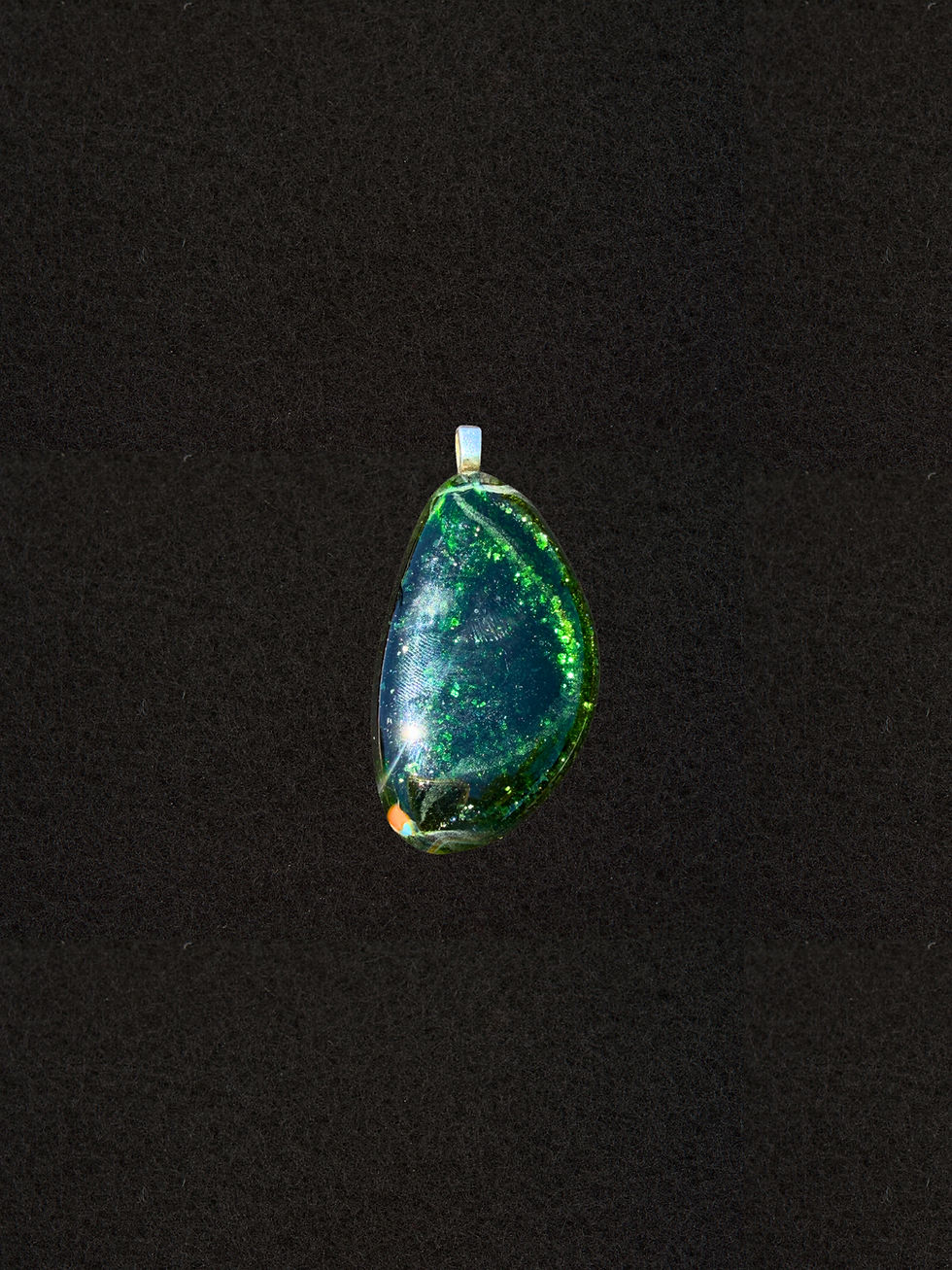 Deep green teardrop pendant, Green Speckled necklace with gold flecks and dark base