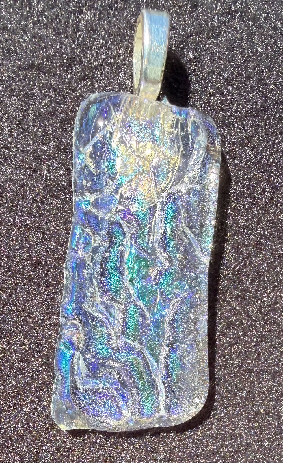 Iridescent crackle glass necklace, rectangular pendant with blue-green-gold shimmer