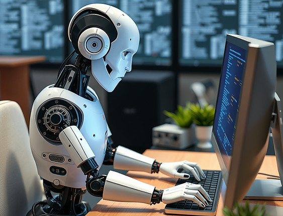 ai robot sitting at a desk