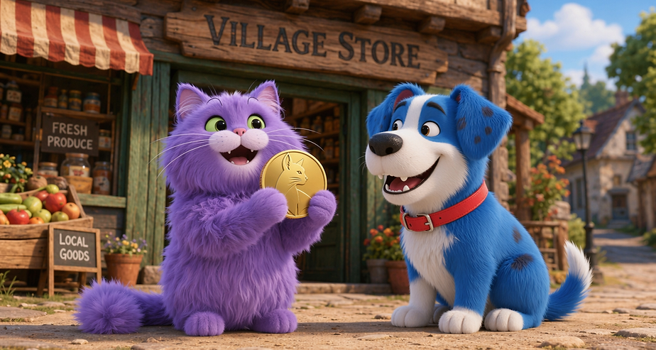 ai scene builder cat and dog in front of shop