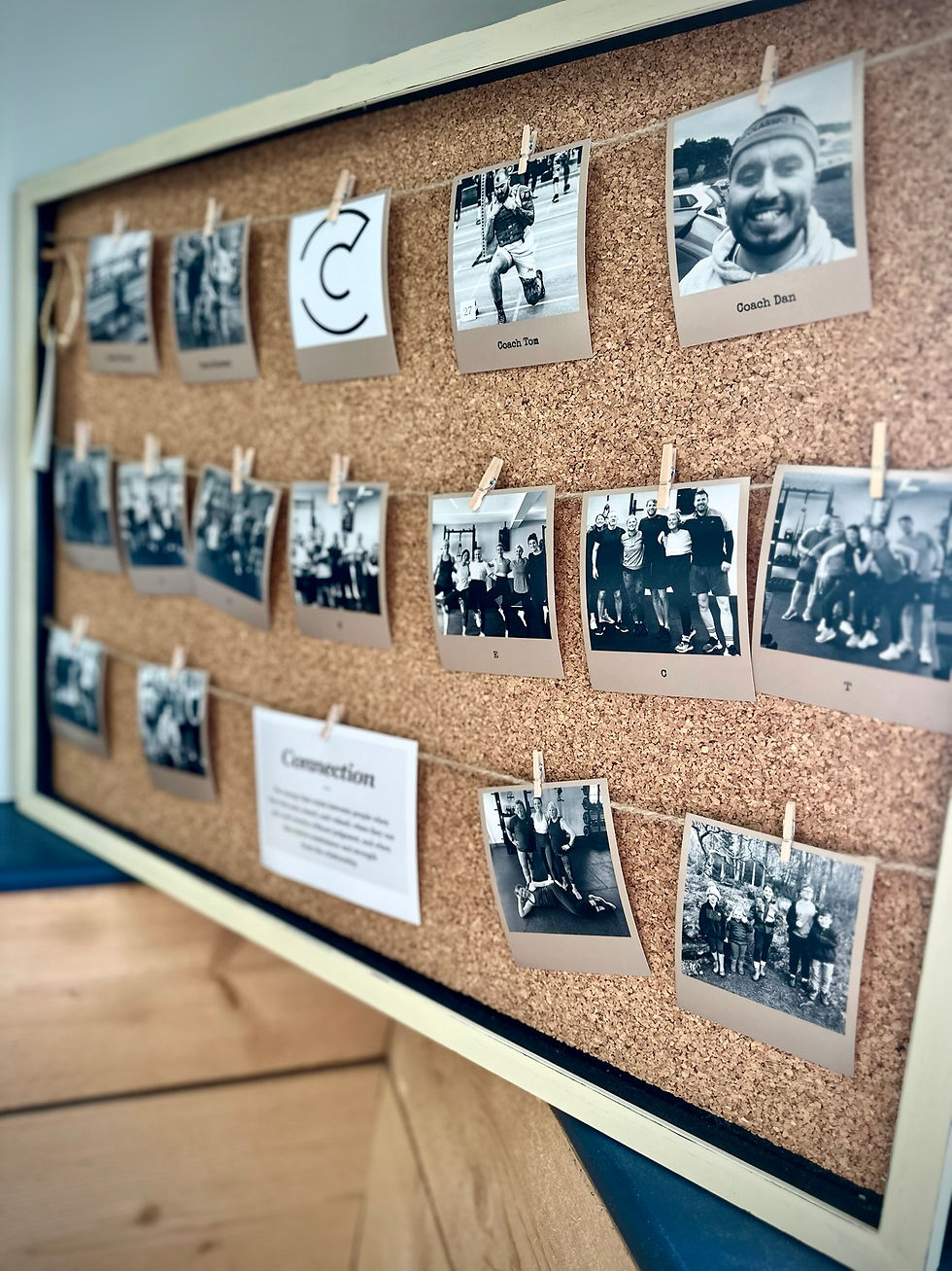 Cork board with photos of the gym members
