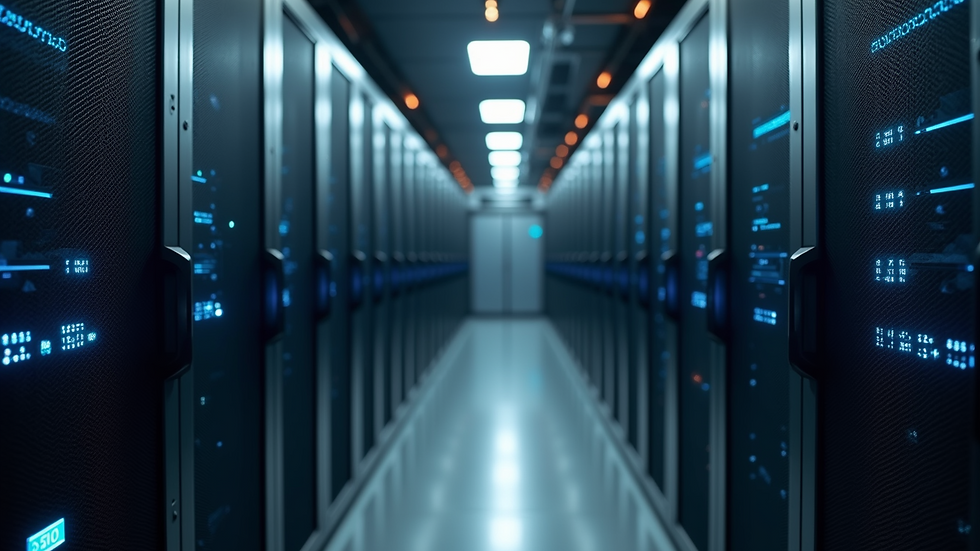 High angle view of a server room with blinking lights