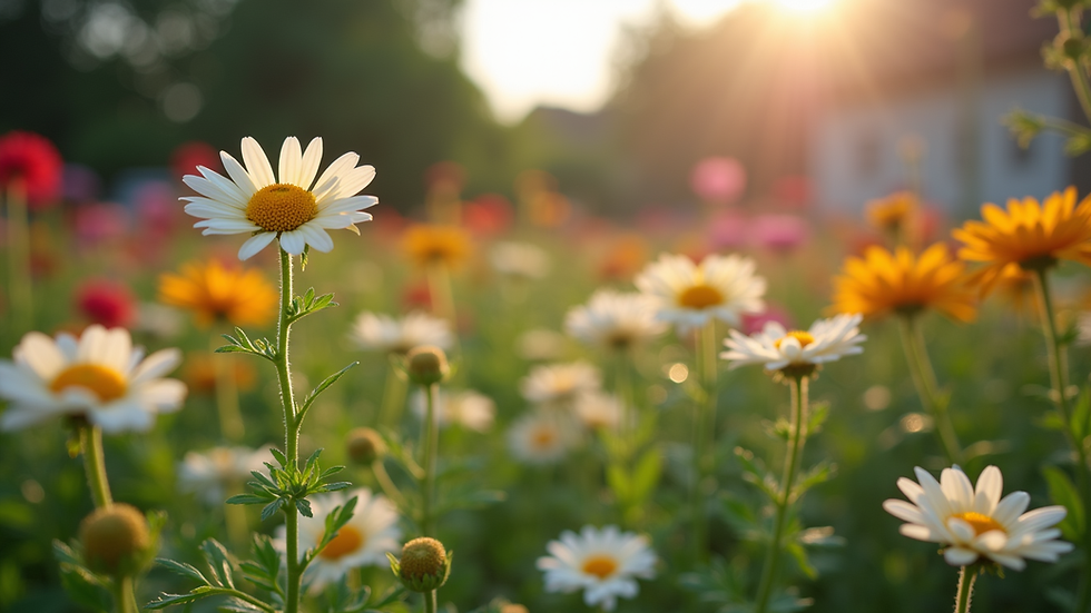 Eye-level view of a community garden with blooming flowers